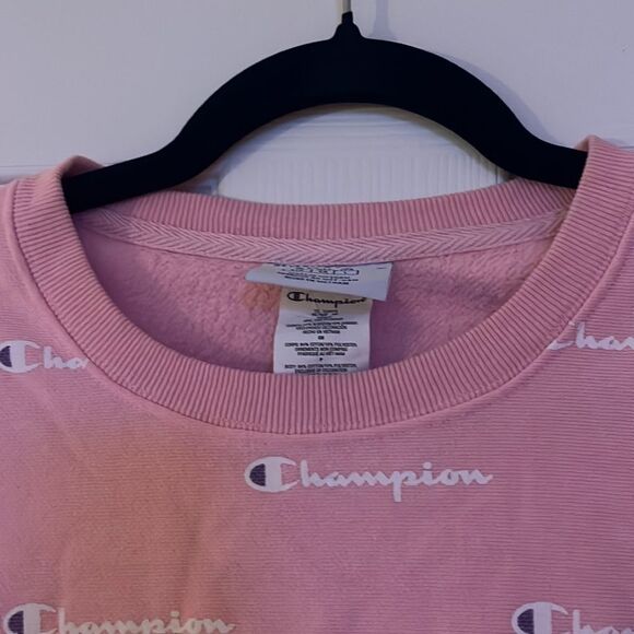 Champion Women Crewneck Sweatshirt Logo All Over Script Print Pink Size small - Picture 3 of 6